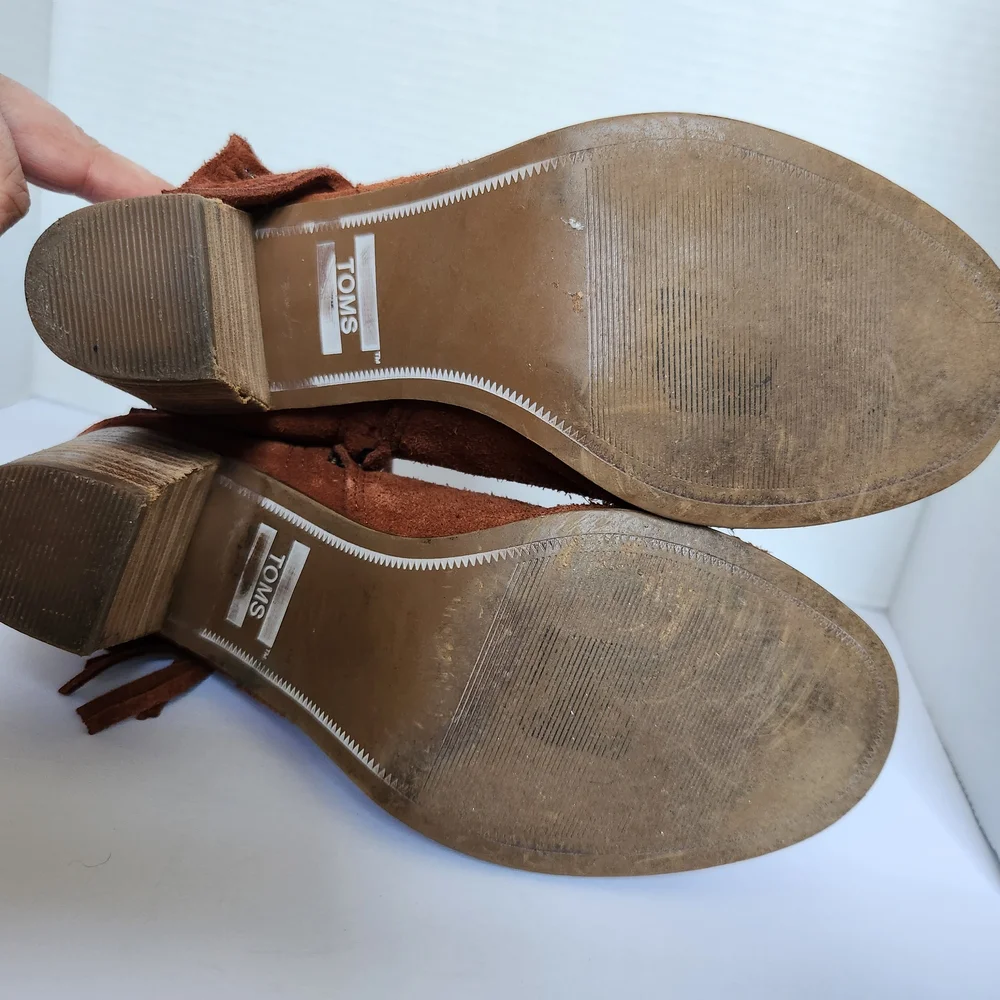 Toms Fringe Suede Ankle Boots - Brown Rust Pumpkin Womens 7.5
